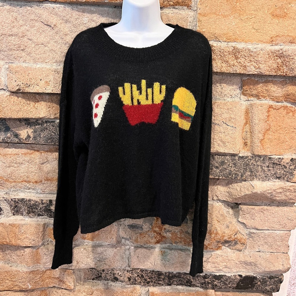 RARE Wildfox Fast Food Pizza Fries Burgers Black Oversized Sweater Sz Small
